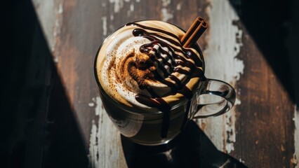 Dalgona coffee with chocolate drizzle and cinnamon garnish, gourmet presentation, dark moody style, dramatic shadows, professional culinary photography 1