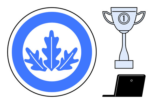 Achievement concept. Achievement by a blue leaf emblem, a first-place trophy, and a laptop. Achievement in online education, business, and personal goals. For presentations, branding education - Powered by Adobe