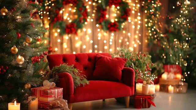 Christmas photo booth, decorated garlands fairy, lights featuring red, sofa tree gift, boxes candy canes, wreaths red wall, cozy festive atmosphere, defocused background decor, wit