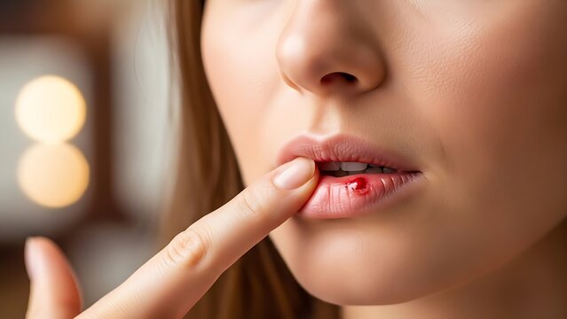Inflamed oral lesion and painful lip blister, suitable for medical, health, and dermatology content use.