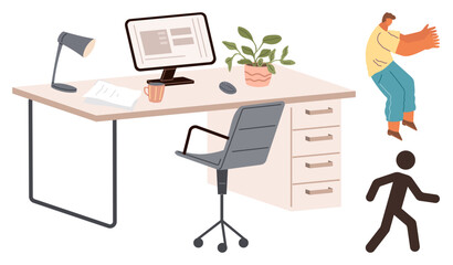 Desk setup features computer, lamp, potted plant, chair, and cup, with dynamic figures nearby. Ideal for work-life balance, productivity, creativity interaction organization flexibility simple