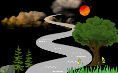 Fresh green leaf closeup illustration of a river in the forest with natural tree and flower beauty