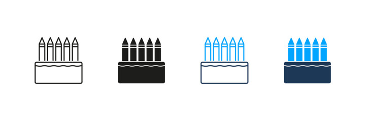 Box Of Pencils Line And Solid Icon Set. School Or Art Supplies For Sketching Symbol Collection. Creative Stationery For Drawing Or Study. Isolated Vector Illustration