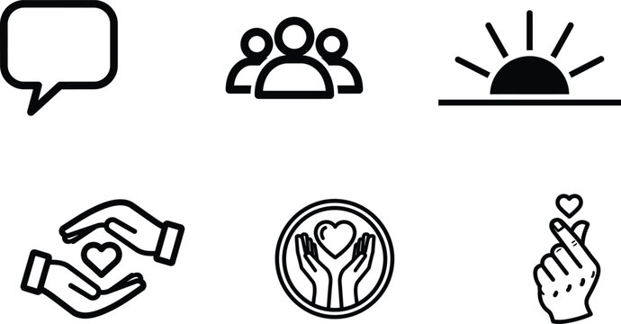 A collection of six distinct black outline icons featuring a speech bubble people sunrise hands holding heart and Korean finger heart gestures for various design purposes