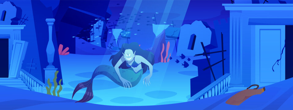 Sunken ancient city with underwater monster vector flat illustration, cartoon underwater sea or ocean, mermaid evil face