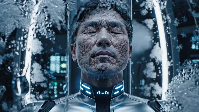 Futuristic Sci-Fi Man Encased in Ice and Water, Futuristic Cryo-Sleep Chamber Sequence