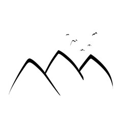 vector illustration of a flying bird, A minimalist, one-line landscape depicting three mountain peaks with a small flock of birds flying above them, ideal for travel and nature themes.