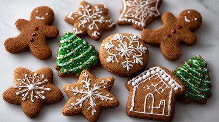 Assorted Christmas gingerbread cookies on a white background, including gingerbread men, stars, snowflakes, Christmas trees and a decorated cookie house, detailed icing patterns, f