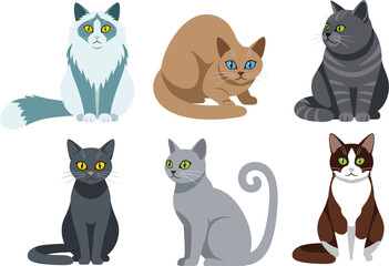 Set of Six Different Cat Breeds in Various Poses - Cute Feline Vector Illustration