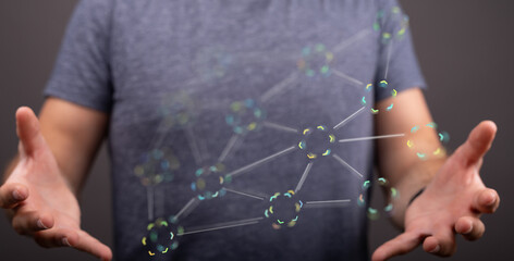 A person extending hands towards a digital network, representing technology, connection, and data transfer. Per