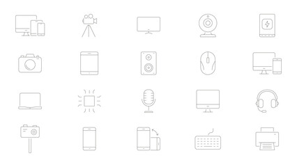 Electronics And Gadgets Line Icon Set. Technology Devices And Accessories Outline Symbol Collection. Computers, Cameras, Smartphones, And Audio Equipment. Editable Stroke. Isolated Vector Illustration