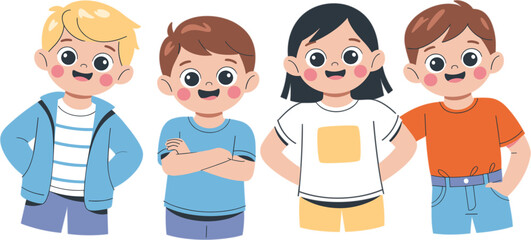 Cartoon children standing side by side illustration, diverse kids, cheerful expressions, colorful outfits, friendly pose, smiling faces, vector graphic