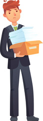 Businessman holding box of documents feeling overwhelmed
