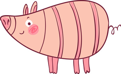 Pink happy cartoon pig standing on white background