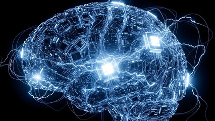 Digital brain with glowing circuits and electrical impulses representing artificial intelligence