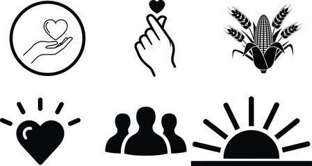 A comprehensive set of modern black vector icons featuring hands showing love natural agriculture
