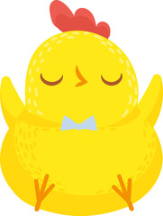 Yellow chick character meditating with bow tie