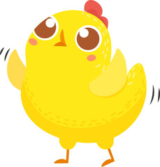 Cute yellow chick character standing and waving