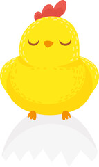 Cute yellow sleeping chick hatching from eggshell