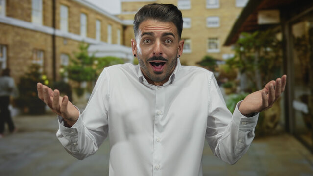 Young hispanic man shrugs shoulders on street outside brick buildings under daylight urban setting; confusion.