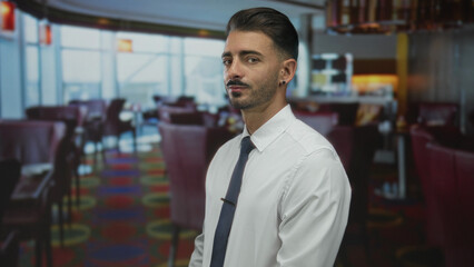 Fototapeta premium Man with visible face wearing white shirt and blue tie looks at camera in restaurant building; confidence focus determination ambition.