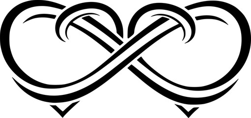 Infinity heart silhouette. This image shows two hearts intertwined to form an infinity symbol, representing eternal love, connection, and unity. Vector clipart black illustration design