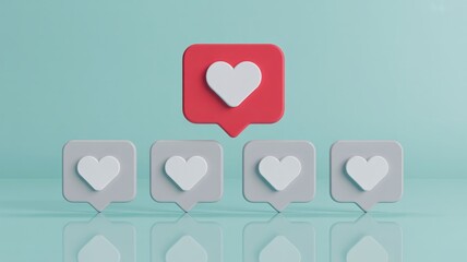 Central elevated red heart social media icon standing out from smaller gray icons, symbolizing popularity, high engagement rate, and attention-grabbing content.