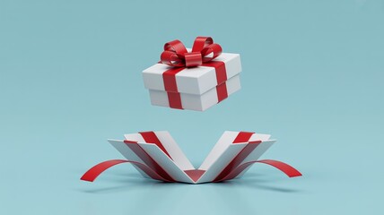 White gift box with elegant red ribbon and bow, lid floating above the base on a vibrant blue background, symbolizing surprise reveals, promotions, and special gifts.