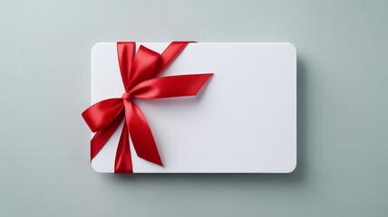 Elegant blank white gift card or voucher tied with a luxurious glossy red silk ribbon bow for holiday shopping, Valentine's Day, and customer rewards.