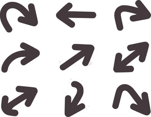 Nine black curved spray paint style arrows on white background