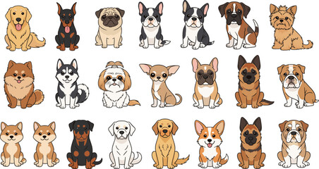 Set of 21 Different Cute and Happy Dog Breeds Vector Cartoon Illustration © Sirajul