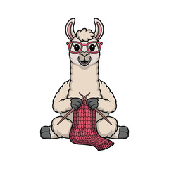 Naklejka premium Cute llama wearing glasses knitting a red scarf with knitting needles