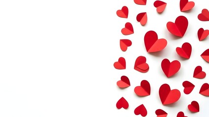 Red paper hearts scattered across a white surface, creating a visual representation of love and affection