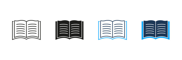 Open Book Line And Solid Icon Set. Reading, Education, And Knowledge Acquisition Symbol Collection. Learning And Literature Representation. Isolated Vector Illustration