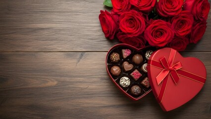 A romantic setup: red roses and chocolates on a wooden surface, perfect for celebrating a special occasion