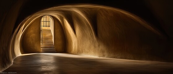 Soft light illuminates a rustic stone corridor with stairway leading into an inviting space at a historical site during the late afternoon