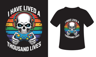 Skull gamer with headphones and controller i have lived a thousand lives