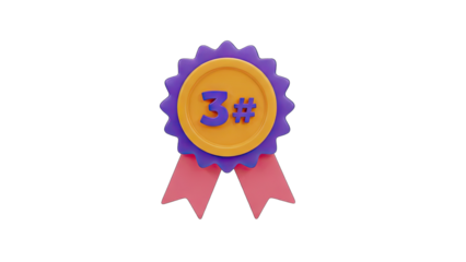 3D Rendered Third Place Ribbon Award With Orange Gold Center And Purple Blue Edging And Pink Ribbons Against A Transparent Background