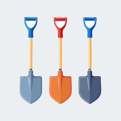 Three colorful shovels arranged in a row on a plain background.