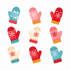 Collection of Nine Colorful Winter Mittens with Snowflake Designs.