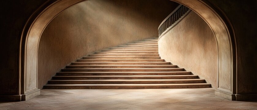 Elegant spiral staircase leads to an arched hallway with soft light illuminating the steps in a historic building - Powered by Adobe