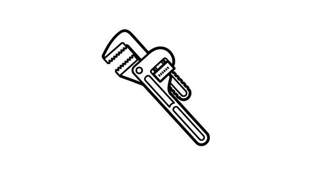 Line-art icon of an adjustable pipe wrench with a fixed wrench, black outline vector illustration
