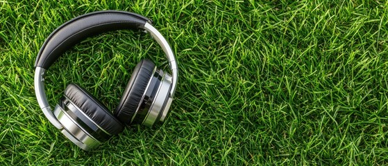 Black headphones resting on bright green grass in a sunny outdoor setting, inviting relaxation and enjoyment of music in nature