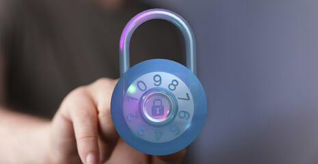 A close-up of a digital padlock, emphasizing security, safety and protection in the digital world. Shows the concept of cyber securit