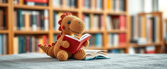 Fototapeta premium Adorable knitted dinosaur reading book on textured surface, blurred bookshelf background, storytelling, fabric