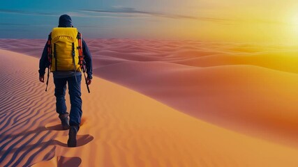 Desert sand dunes sunset traveler backpack adventure landscape hiker solitude as warm light paints rolling dunes solo wanderer strides across rippled - Powered by Adobe