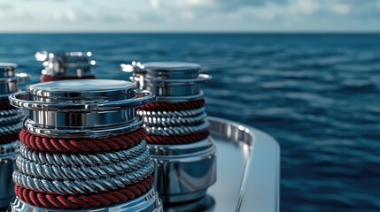 Shiny winches on a yacht deck, overlooking calm ocean waters under a clear sky during a sunny afternoon
