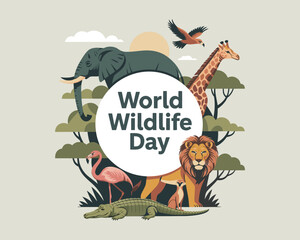 World Wildlife Day concept with animals in the forest. Modern flat vector illustration. Web banner template.