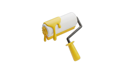 3D Render of a Yellow Paint Roller Dripping Liquid on a Transparent Background Ready for Design Applications