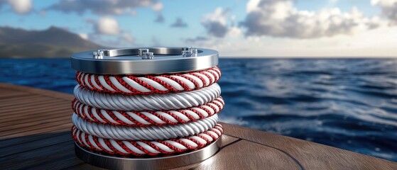 Rope coil on wooden dock with ocean backdrop during a sunny day, showcasing maritime details and serene nature